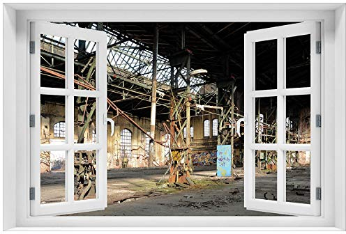 Wallario Glasbild 60 x 90 cm mit Fensterrahmen mit Fenster-Illusion: Verlassene Industriehalle - Alte Fabrik - Wandbild mit freischwebender Optik