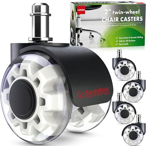 SEDDOX Office Chair Wheels Replacement Set of 5 - Dual 2 Inch Soft Chair Casters for Hardwood Vinyl Tile - Heavy Duty & Safe for All Floors - Universal Fit Most Computer Gaming & Desk Chairs - White