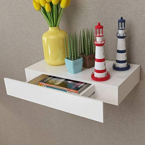 Camerina White MDF Floating Wall Display Shelf 1 Drawer Book/DVD Storage,Floating Shelf,Floating Wall Shelf,Floating Wall Shelf Display Storage(SPU:242187)