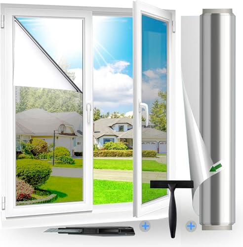 Fensfolie Silber(30X200cm)| UV-Schutz Sonnenschutzfolie Fenster innen oder außen | Fensterfolie Sonnenschutz Rückstandslose | Thermofolie Fenster Gegen Hitze | Spiegelfolie Sichtschutz
