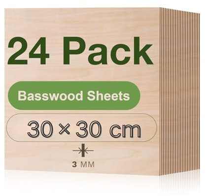 ROBOTIME Tablero Madera Contrachapada 3mm 30×30cm 24 Piezas Linden Tablero de Madera a Medida Para Bricolaje,Pirograbado Corte por Laser CNC Router Modelado