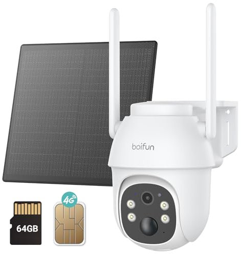 BOIFUN 3G/4G LTE Telecamera con SIM e 64GB Memoria Scheda, 2K Telecamera Esterna con Pannello Solare, Visione Notturna a Colori, Audio Bidirezionale, Rilevamento del Movimento, IP65