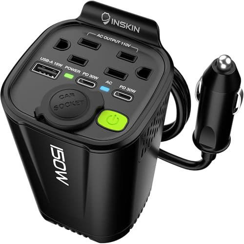 Inskin 150W Car Power Inverter, Cup Holder DC 12V to 110V Converter with 2 AC Outlets, 1 USB-A & 2 USB-C Charging Ports, 1 Cigarette Lighter Socket for Laptops, Smartphones, Tablets - Black
