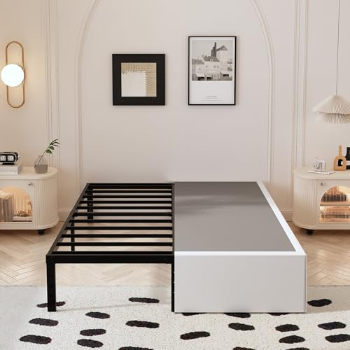 Maenizi Bettrahmen für Queen-Size-Betten mit weißem Stoffbezug, 35,6 cm, robustes Metall, kein Boxspringbett erforderlich, unterstützt bis zu 1360 kg, einfache Montage, geräuschfrei, Schwarz