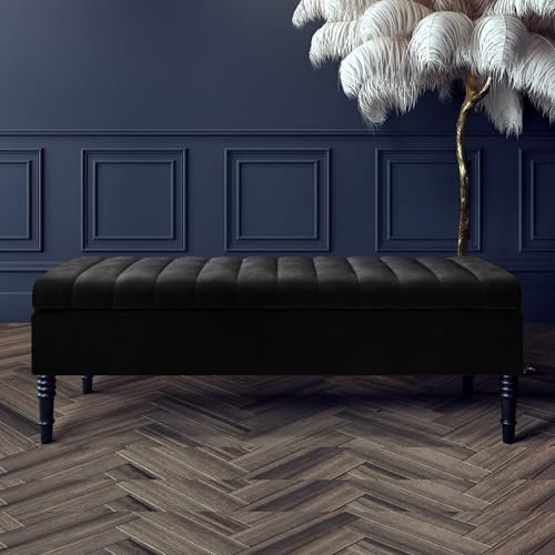 90cm Wide Safar Ottoman Storage Bench, Plush Velvet Shoe Bench with Storage, Velvet Footstool, Lined Upholstered Coffee Table, End of Bed Bench, Hallway Seating Bench (Black Velvet, 3ft (90x40x40) CM)