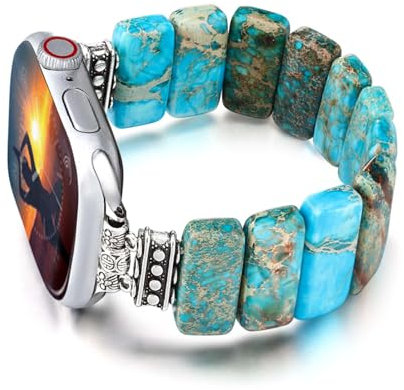 CHARMINGO Stone Beaded Bracelet Compatible with Apple Watch Band 38mm 40mm 41mm for Women, Handmade Jasper Turquoise Apple Watch Strap Wristband for iWatch Band Serises 10 9 8 7 6 5 4 3 2 1 Ultra 2 -