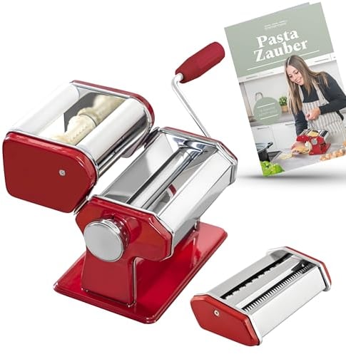 bremermann Machine à pâtes manuelle en acier inoxydable/métal rouge - Avec livre de recettes - Pour spaghettis, pâtes, raviolis et lasagnes (7 niveaux)