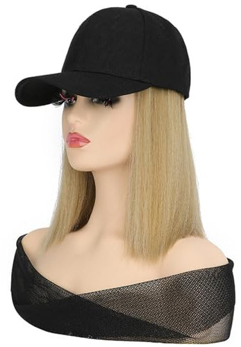 ZASCHMOY Baseballkappe mit Haarverlängerungen, Kurze Glatte Haar Perücke mit Kappe, Kunstfaser Hut Perücken für Frauen (Blond)