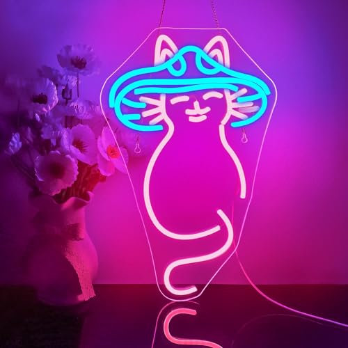 Looklight Mushroom Cat Neon Sign Blue Pink Led Neon Signs for Wall Decor Cute Cat Neon Lights USB Dimmable Cat Neon Signs for Bar Bedroom Kids Room Wall Decor Party Christmas Birthday Art Gift
