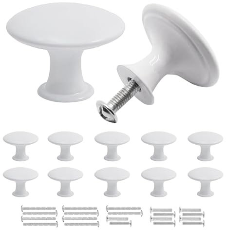Misuyue 10 Pièces Bouton de Meuble Blanc, Bouton de Tiroir en Inoxydable, Vintage Ronds Poignee de Meuble Cuisine, 30 mm Boutons de Portes pour Placards, Commode, Armoire, Meuble, avec Vis Assorties