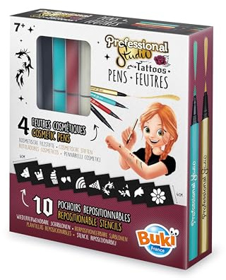 Buki 54381 - Tattoo-Filzstifte – Golden | Kosmetische Stifte für temporäre Tattoos mit Pochoirs | Für Kinder ab 7 Jahren, Rot