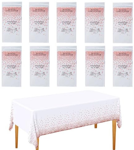CEILIWEN Lot de 10 nappes jetables blanches et or rose de 274 x 137 cm, nappes de table élégantes pour anniversaires, événements et célébrations