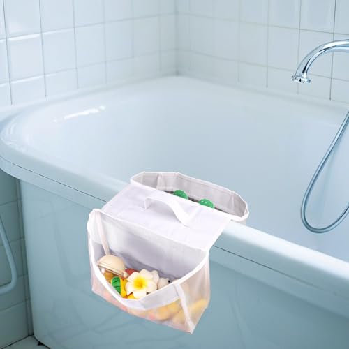 Lyreh Organisateur Jouets Bain Maille, Support Rangement Jouets Baignoire Douche à Selle Large Ouverture Double Compartiment Accès Facile Fournitures Baignoire pour Séchage Ventilation (Blanc)