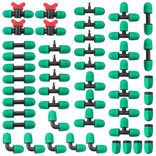 Tropfbewässerungssystem, 44-teiliges Beschläge-Set, robuste Kunststoffverbinder für Garten/Gewächshaus, einfache Installation mit Standard-Größen 1/4 & 1/2 (inklusive Tees/Ellbogen/Ventile/Adapter)