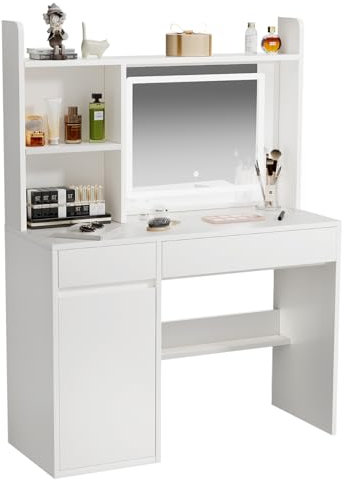 ZenkiHome Dressing Table, 90cm Vanity Desk with Large Mirror and Adjustable Lights, White Dressing Table for Girls and Adults, Model 902