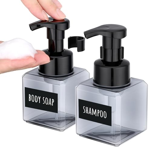 Segbeauty Schaumseifenspender, 2 Stück 250ml Seifenspender Küche, Schaumflasche Nachfüllbarer, mit Wasserdichtes Etiketten, Seifenspender Modern (Grau)