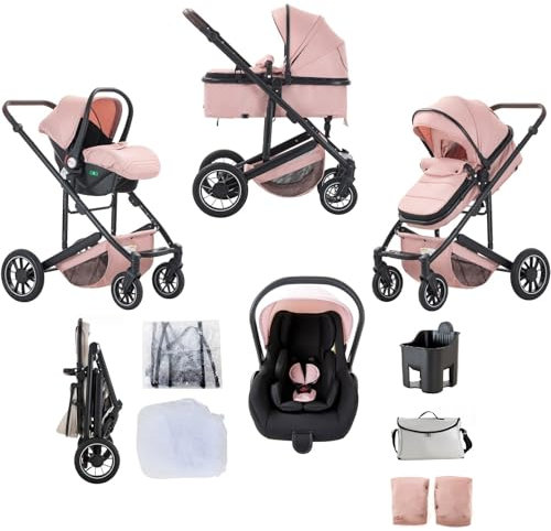 Lnhcrbs Poussette 3 en 1, Système de Voyage,Rose-Poussette Tout Terrain, Poussette Avec Cosy Avec Habillage Pluie Moustiquaire, Poussette Avec Poignée Réglable,Avec Châssis en Aluminium, 0-4,22Kg