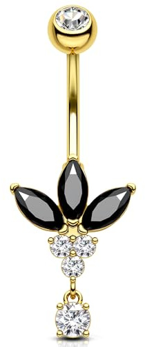OUFER 14G Gold Anhänger Bauchnabelring Blume Bauchnabelpiercing Schmuck Chirurgenstahl 316L Piercing Bauchnabel Schwarz Marquise Belly Button ring für Damen 10 mm