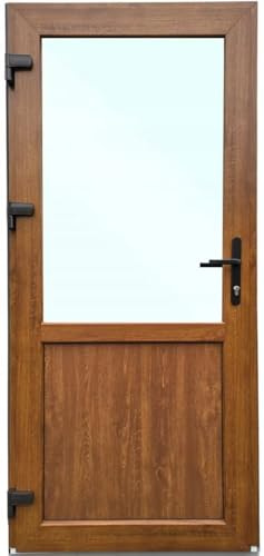 Haustür Kunststoff 90x200 cm DIN Links | Nebeneingangstür mit Sicherheitsverglasung | Kellertür Komplettset für Shop, Garage, Haus | Eingangstür mit 4-Punkt-Schloss und Zubehör | Goldene Eiche