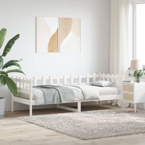 QJBSAVVA Tagesbett 80x200 Kiefer massiv weiß Gästebett mit 3-seitigem Gitter Jugendbett platzsparend als Sofa nutzbar für Schlafzimmer Wohnzimmer