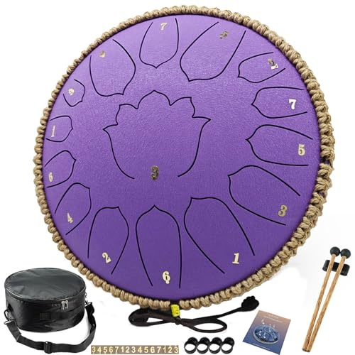 BETESINE 13 Zoll 15 Noten Steel Tongue Drum - C-Dur - Handpan Steel Drum für Meditation, Yoga & Entspannung - Inklusive Schlägel, Notenbuch & Tragetasche (Violett)