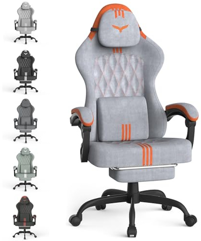 Huracan Gaming Stuhl, Gaming Chair mit Massagefunktion Kopfstütze und Fußstütze, Polyester Atmungsaktiv Gamer Stuhl, Gaming Sessel Verstellbare Rückenlehne 90-135°, Höhenverstellbar, Grau-Orange