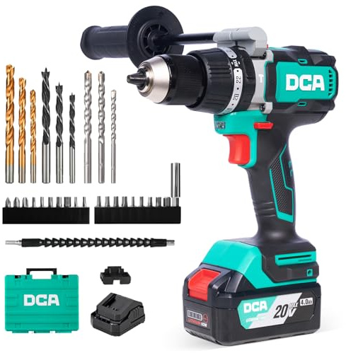 DCA 20V Hammer Drills Cordless 120Nm Max Torque for Screws, Wood & Metal | 24+1+1 Clutch, 2-Speed, 1/2 Metal Chuck, 1×4.0Ah Batteries, Compact Design for DIY, Home Improvement & Masonry