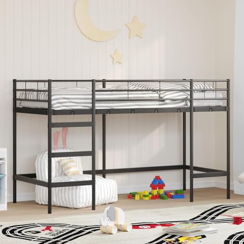 Owoxanthellate Loftbettgestell Kinder Schwarz 194 x 105 x 116 cm Metall Hochbett Stahlrahmen Modernes Design Robust & Langlebig für kleine Schlafzimmer Jugendzimmer und Gästeecke