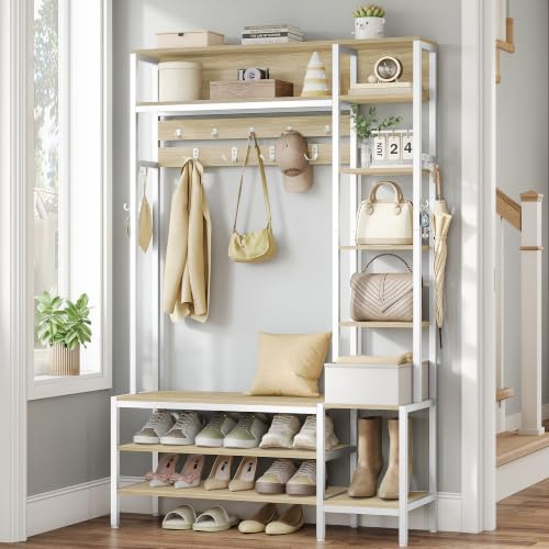 HEXCELEN Garderobenständer mit Schuhbank, 15 Haken, Eichefarben-Weiß | Garderobe, 1 Stoffkorb, Kleiderständer mit 8 Offene Ablagefächer, für Flure und Wohnzimmer, 40 x 120 x 190,5 cm