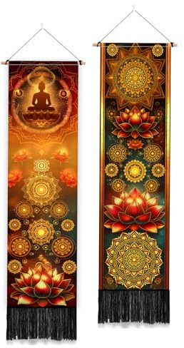 PLIGREAT 2 Packung Goldener Lotus Langer Wandteppich Buddha Mandala Wandteppich Im Vintage Stil Vertikal Ästhetisch Lang Und Schmal Für Schlafzimmer Wohnzimmer Badezimmer Büro Heimdekoration