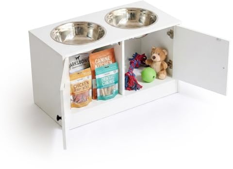 Relaxdays Futterstation Hund, 2 Hundenäpfe, Stauraum, weiß | HxBxT: 35,5 x 60 x 30 cm, erhöhte Hundebar, MDF, Edelstahl