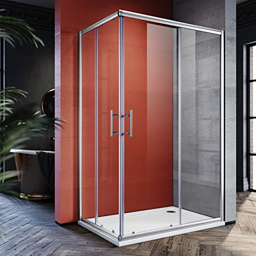 SONNI 120x80cm Eckeinstieg Duschkabine mit Duschtasse Sicherheitsglas Schiebetür Eckdusche Duschabtrennung Duschschiebetür mit Duschtasse