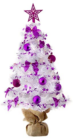 Weihnachtsbaum künstlich (WBD) 75 cm Weiss mit Weihnachtsdeko lila und Led Lichterkette mit Batteriebox und Fernbedienung künstlicher Christbaum klein Tannenbaum