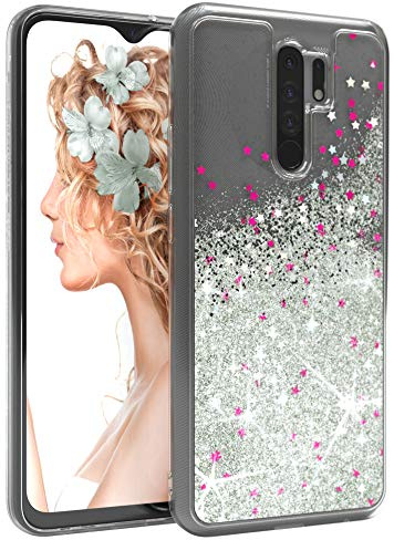 EAZY CASE Hülle kompatibel mit Xiaomi Redmi 9 / Redmi 9 Prime Schutzhülle mit Flüssig-Glitzer, Handyhülle, Schutzhülle, mit Glitter Flüssigkeit, TPU/Silikon, Transparent/Durchsichtig, Silber