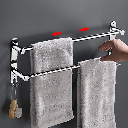Acier Inoxydable Porte-Serviettes de Salle de Bain ,Rétractable Barres Porte-Serviettes Mural, Adhésif Niveaux sans perçage,pour Cuisine, Hôtel (Argent 2 Couches)
