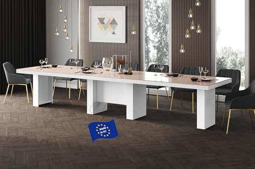 Design Esstisch HLA-111 Cappuccino Hochglanz / Weiß Hochglanz ausziehbar XXL 160 cm bis 400 cm Esszimmertisch für 18 Personen Kitchentable Funktionstisch Ausziehtisch Esszimmer Tisch Esszimmermöbel