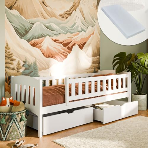 Kids Collective Kinderbett Einzelbett 90x200 cm mit Matratze, Zwei Schubladen, Rausfallschutz, Lattenrost, aus Vollholz massiv in weiß, Funktionsbett Jugendbett 90x200 cm | von 4. bis 18. Lebensjahr