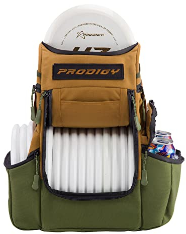 Prodigy Disc Apex Disc Backpack | Store Up to 20+ Discs | Insulated Cooler Pocket | Disc Golf Bags with Umbrella Sleeve | Safety Pouches for Wallets or Keys | Cordura Nylon Material (Tan & Green)