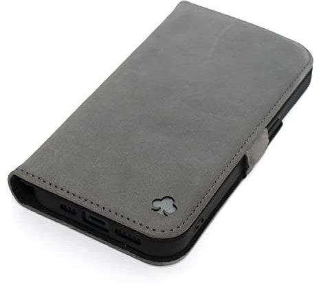 Porter Riley – Lederhülle kompatibel mit iPhone 14 Pro. Hochwertiges Nubukleder mit Standfunktion, Kartenfächern und horizontalem Stand (Grau, Pink)