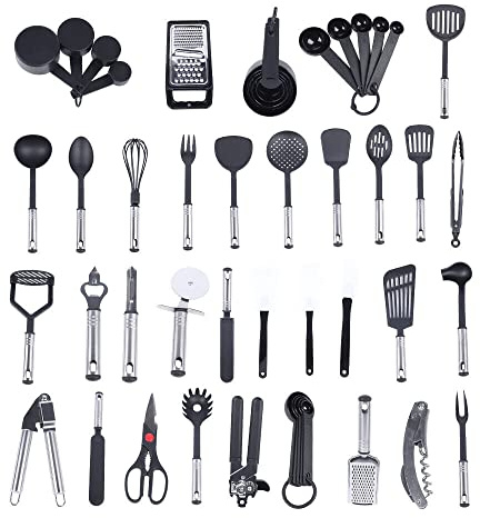 küchenhelfer set 40 stücke küchenzubehör kochgeschirr aus edelstahl & nylon küchenutensilien spachtel-set mit halter inkl löffel turners tongs schneebesen dosenöffner usw