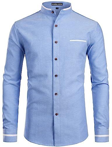PARKLEES Mens Hipster Design Grandad Collar Oxford Shirt Slim Fit Long Sleeve Casual Button Down Dress Shirts with Pocket EU-PZ113 Light Blue XXX-Large
