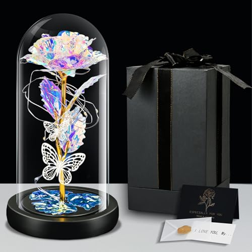IGUGI Die Schöne und Das Biest Rose,Ewige Rose im Glas mit LED-Licht Glas Galaxy Rosen Geburtstag Romantisches Geschenk für Sie