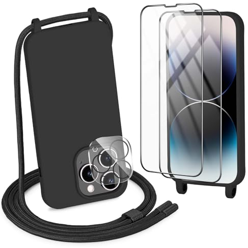 DiDaDi Handykette kompatibel mit iPhone 13 Pro Hülle,Handyband Necklace Hülle mit Band Handyhülle für zum Umhängen Silikon Case mit Schnur Schutzfolie und Kameraschutz in Schwarz