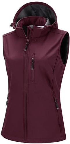 33,000ft Damen Softshell Westen mit Abnehmbare Kapuze Fleece Gefütterte Ärmellose Jacke Wasserdichte Winddichte Sportwesten Vest mit 5 Taschen für Reiten Laufen Wandern Wine Rot XXL