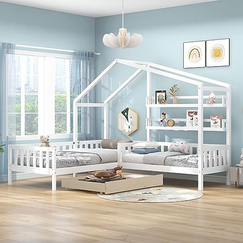 Kinderbett Hausbett 90x200 cm+140x70cm mit Schubladen und Regalen, Massivholz mit Zaun und Lattenrost, L-Struktur (Weiß-1)