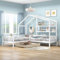 Kinderbett Hausbett 90x200 cm+140x70cm mit Schubladen und Regalen, Massivholz mit Zaun und Lattenrost, L-Struktur (Weiß-1)