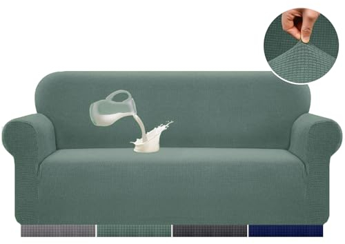 Alishomtll Sofa Überzug 3 Sitzer Stretch Sofabezug Universal Wasserabweisend Couch Überzug Sofaüberwürfe Elastische Jacquard Couchbezug rutschfest Sofaschoner für Hunde Katzen (185-230cm, Matchagrün)