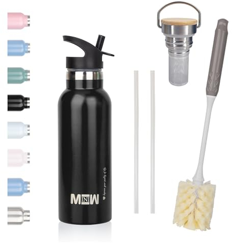 MINIW Borraccia in acciaio inossidabile 500ml 750ml, Borraccia senza BPA, Borraccia isolata a prova di perdite, Thermos isolato, Borraccia per Sport, Palestra, Scuola, Viaggi (nera 0,5 L)