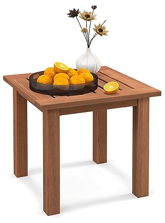 GOPLUS Mesa Auxiliar de Jardín, Mesita Cuadrada de Madera Dura, Mesa de Café Pequeña con Tablero de Listones para Interior y Exterior, Patio Terraza Balcón, Fácil Montaje, Natural 45x45x43cm