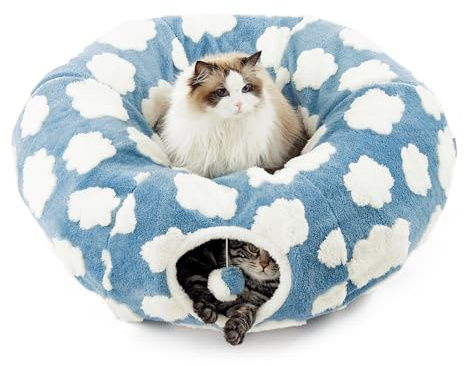 Lesure Cat Tunnel Bed for Indoor Cats - Cute Cat Donut Tunnel Toys for Small Large Cats with Washable Circle Cushion, Round Pet Peekaboo Cave Toy for Kitten/Puppy/Rabbit, Standard Cozy Clouds Blue